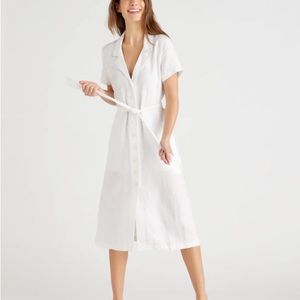 Quince Button Front Tie Linen Short Sleeve Dress